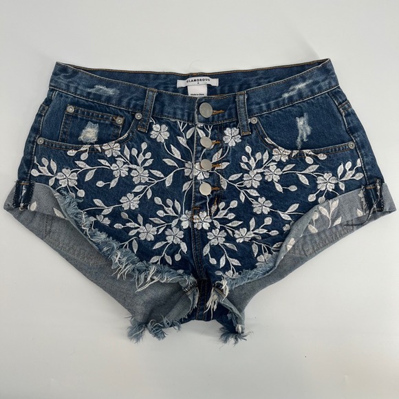 Glamorous Pants - Glamorous Women's Blue Denim Shorts Floral Embroidery Distressed Cuffed Size M